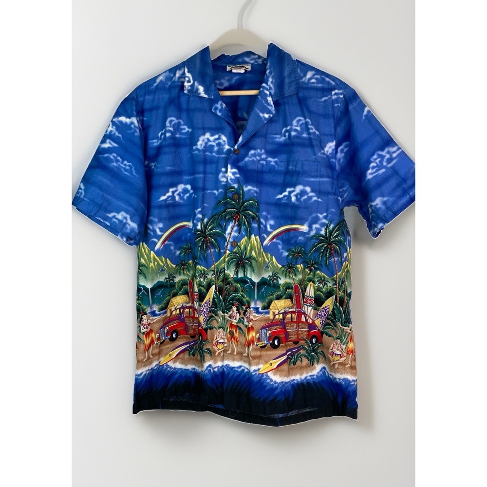 Vintage CT Hawaii Fashions Men's M Blue Colorful Beach Surf Button Up Shirt
